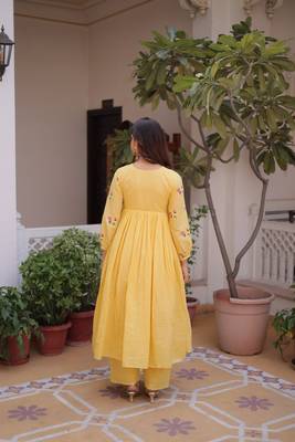 Yellow embroidered work  stitched kurti with pant set 2