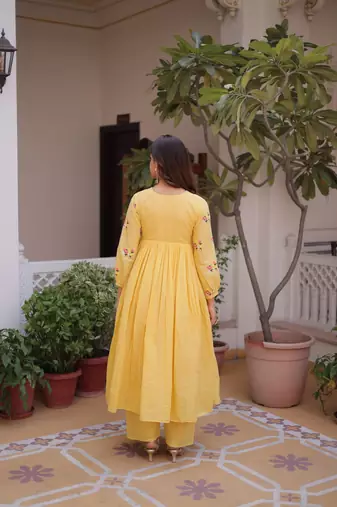 Yellow embroidered work  stitched kurti with pant set