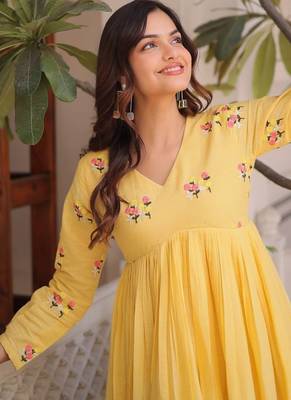 Yellow embroidered work  stitched kurti with pant set 3