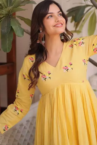 Yellow embroidered work  stitched kurti with pant set