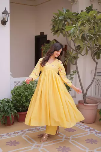 Yellow embroidered work  stitched kurti with pant set