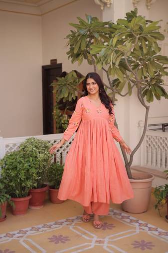 Peach embroidered work  stitched kurti with pant set