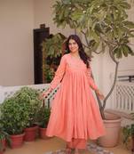 Peach embroidered work  stitched kurti with pant set
