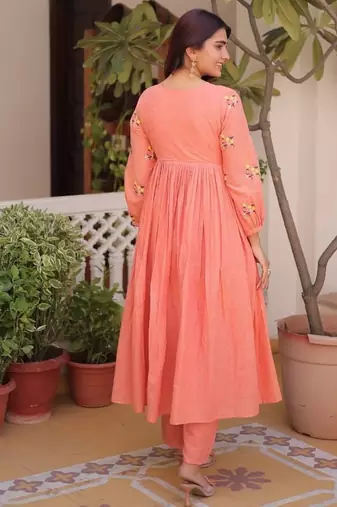 Peach embroidered work  stitched kurti with pant set