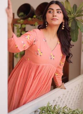Peach embroidered work  stitched kurti with pant set 3