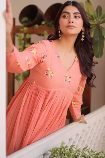 Peach embroidered work  stitched kurti with pant set