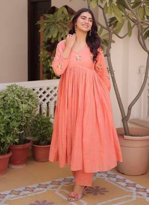 Peach embroidered work  stitched kurti with pant set 4