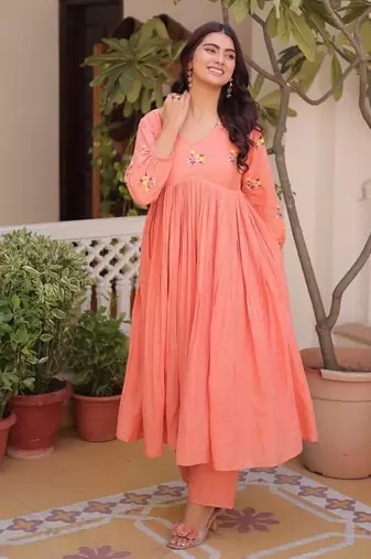 Peach embroidered work  stitched kurti with pant set