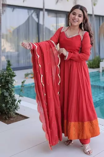 Red mul chanderi with mirror lace work stitched kurti pant with dupatta