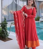 Red mul chanderi with mirror lace work stitched kurti pant with dupatta