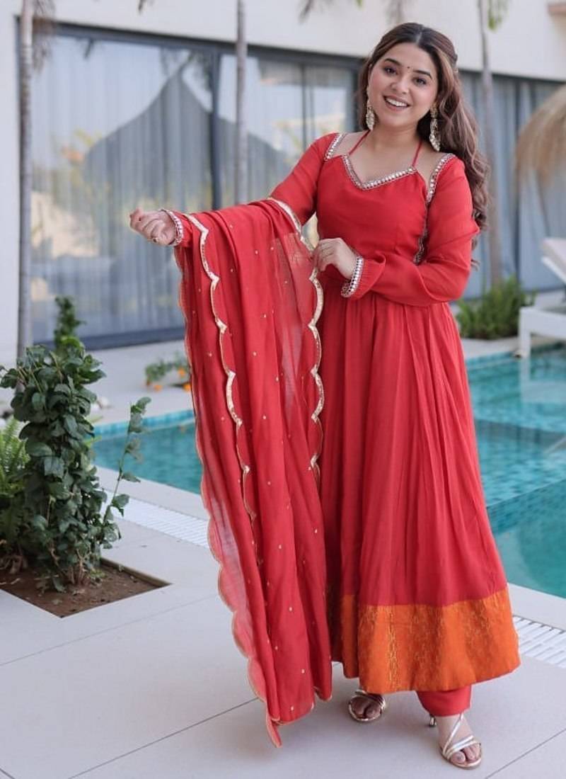 Red mul chanderi with mirror lace work stitched kurti pant with dupatta