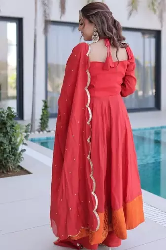 Red mul chanderi with mirror lace work stitched kurti pant with dupatta