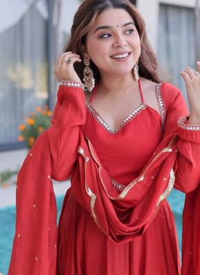 Red mul chanderi with mirror lace work stitched kurti pant with dupatta 3