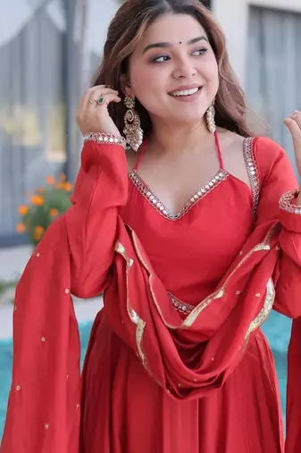 Red mul chanderi with mirror lace work stitched kurti pant with dupatta
