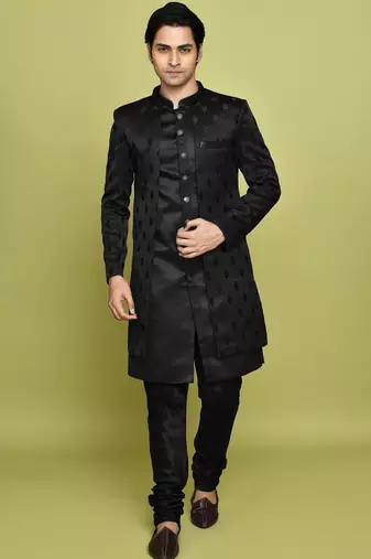 Black front open pattern design with detached inside sleeveless jacket indo western