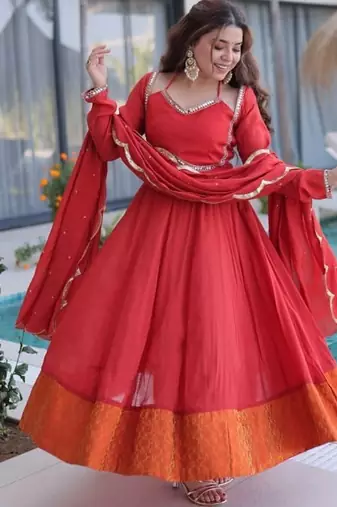 Red mul chanderi with mirror lace work stitched kurti pant with dupatta
