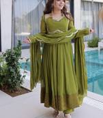 Green mul chanderi with mirror lace work stitched kurti pant with dupatta