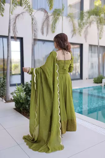 Green mul chanderi with mirror lace work stitched kurti pant with dupatta