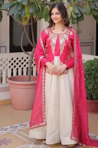 Pink sequins embroidered work  stitched gown with dupatta set