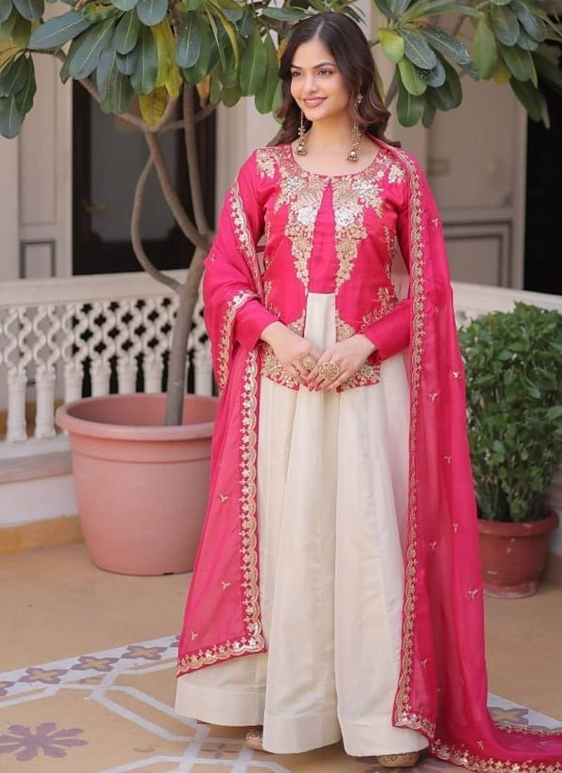 Pink sequins embroidered work  stitched gown with dupatta set