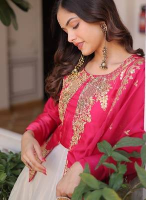 Pink sequins embroidered work  stitched gown with dupatta set 3
