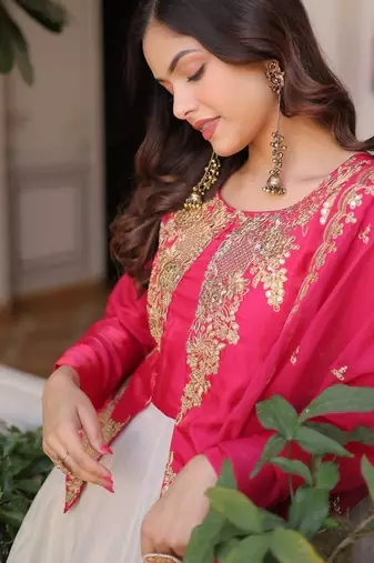 Pink sequins embroidered work  stitched gown with dupatta set