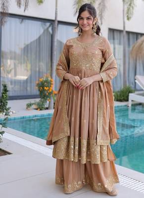 Brown sequins embroidered work stitched kurti sharara with dupatta set 1