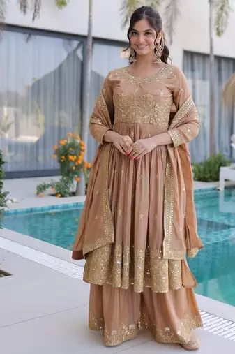 Brown sequins embroidered work stitched kurti sharara with dupatta set