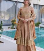Brown sequins embroidered work stitched kurti sharara with dupatta set