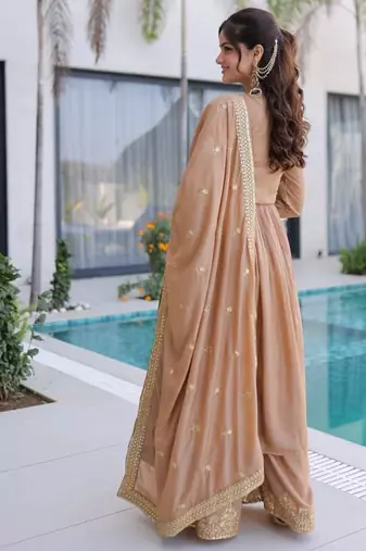 Brown sequins embroidered work stitched kurti sharara with dupatta set