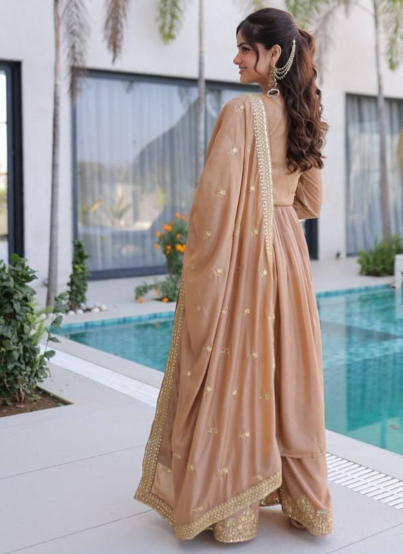 Brown sequins embroidered work stitched kurti sharara with dupatta set