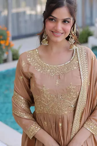Brown sequins embroidered work stitched kurti sharara with dupatta set