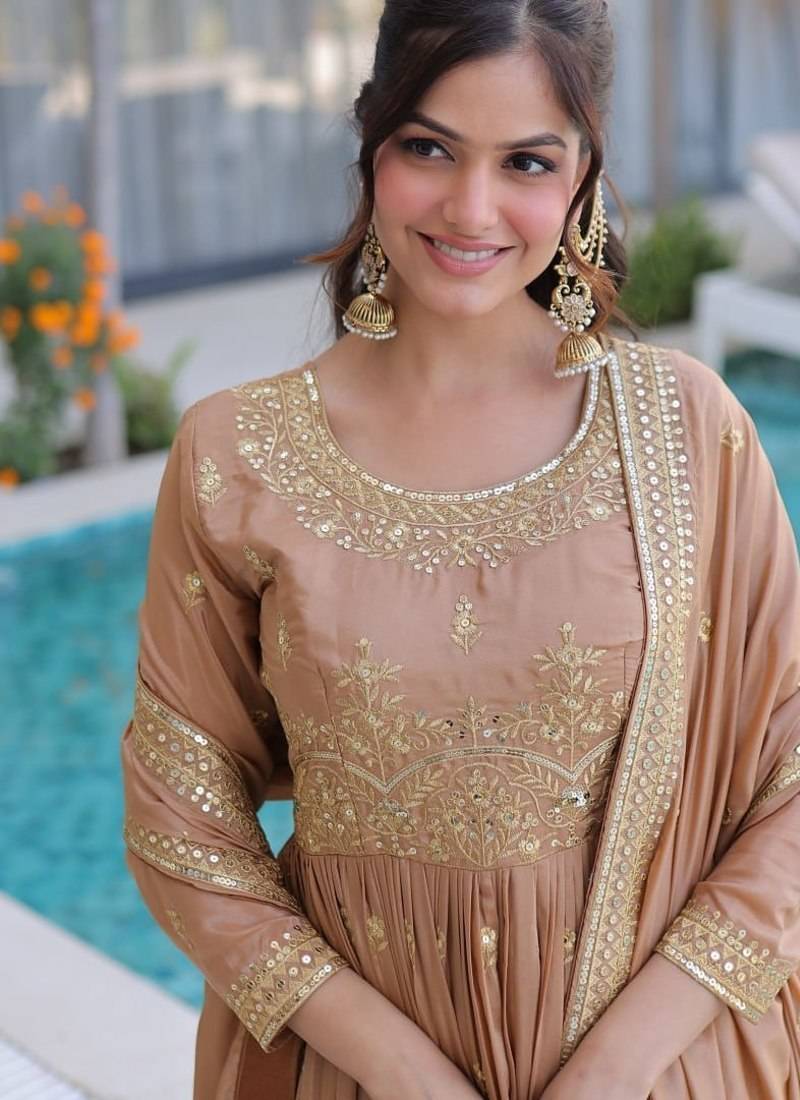 Brown sequins embroidered work stitched kurti sharara with dupatta set