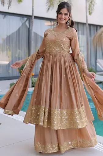 Brown sequins embroidered work stitched kurti sharara with dupatta set