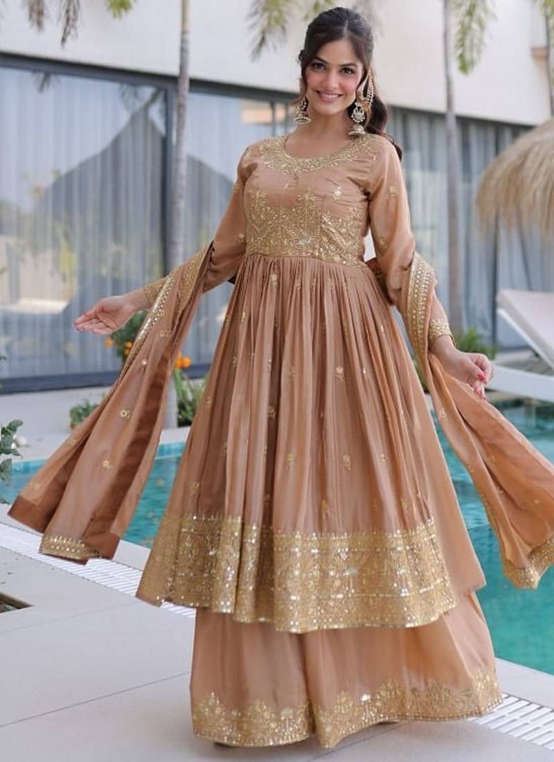 Brown sequins embroidered work stitched kurti sharara with dupatta set