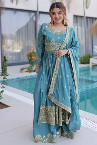 Sky blue sequins embroidered work stitched kurti sharara with dupatta set