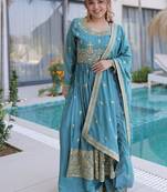 Sky blue sequins embroidered work stitched kurti sharara with dupatta set