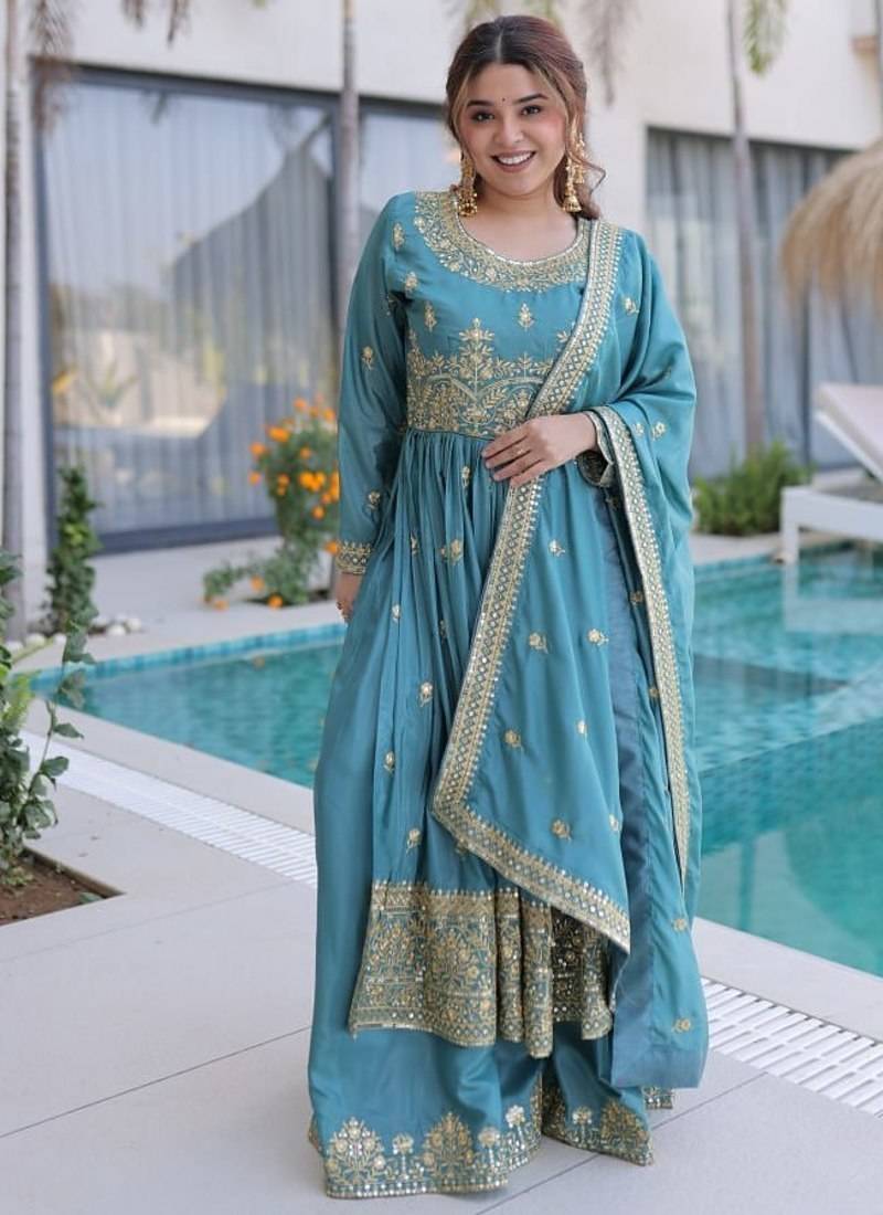 Sky blue sequins embroidered work stitched kurti sharara with dupatta set
