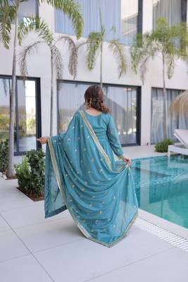 Sky blue sequins embroidered work stitched kurti sharara with dupatta set 2