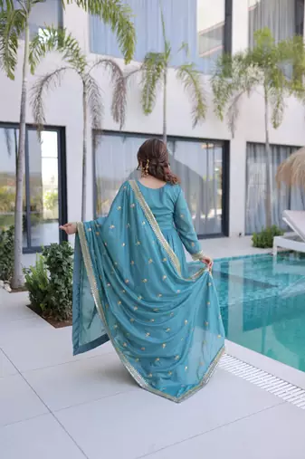 Sky blue sequins embroidered work stitched kurti sharara with dupatta set