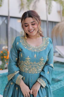Sky blue sequins embroidered work stitched kurti sharara with dupatta set 3