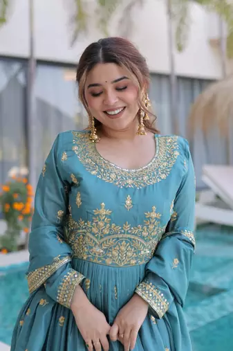 Sky blue sequins embroidered work stitched kurti sharara with dupatta set