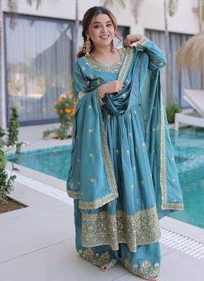 Sky blue sequins embroidered work stitched kurti sharara with dupatta set 4