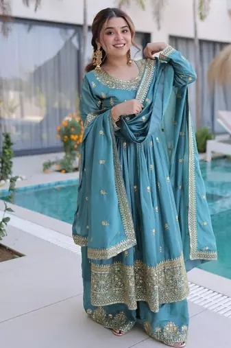 Sky blue sequins embroidered work stitched kurti sharara with dupatta set