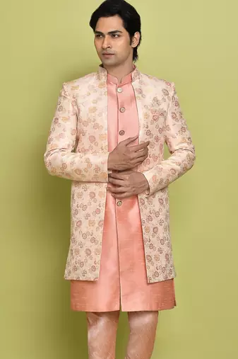 Pink front open pattern design with detached inside sleeveless jacket indo western