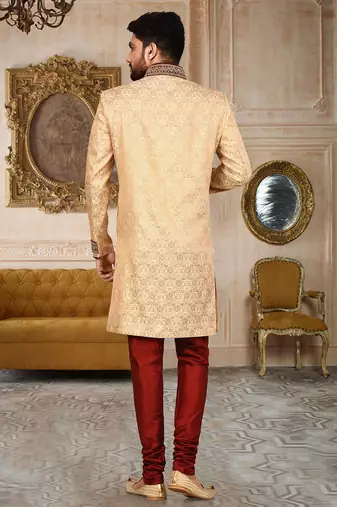 Gold straight pattern work on zari jamewar fabric with handwork