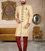 Gold straight pattern work on zari jamewar fabric with handwork