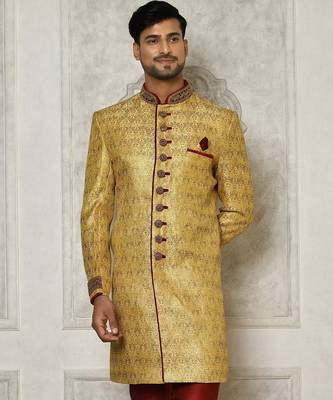Gold straight pattern work on zari jamewar fabric with handwork 1