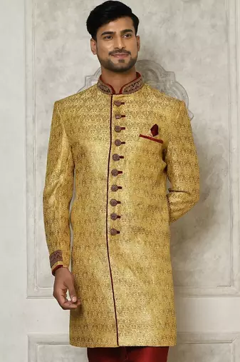 Gold straight pattern work on zari jamewar fabric with handwork