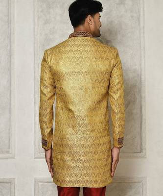 Gold straight pattern work on zari jamewar fabric with handwork 4
